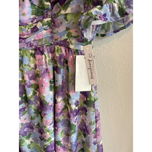 NWT Floral Print Puff Sleeve Tie Back Fit-And-Flare Dress Size XS Purple Blue - Picture 3 of 8